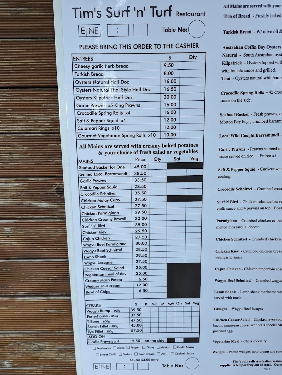 Menu, Tim's Surf & Turf
