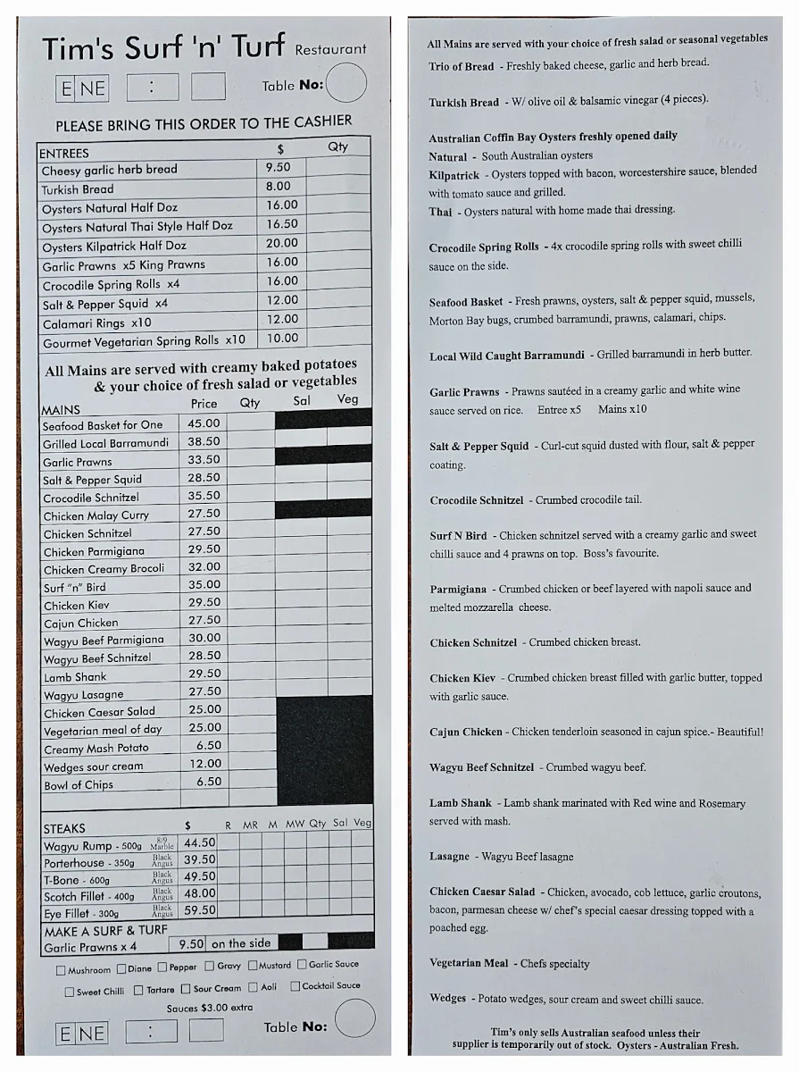 Menu, Tim's Surf & Turf
