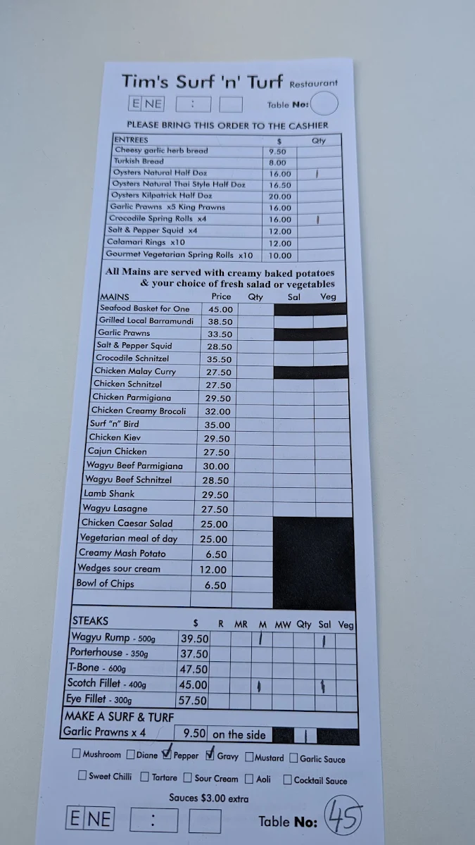 Menu, Tim's Surf & Turf