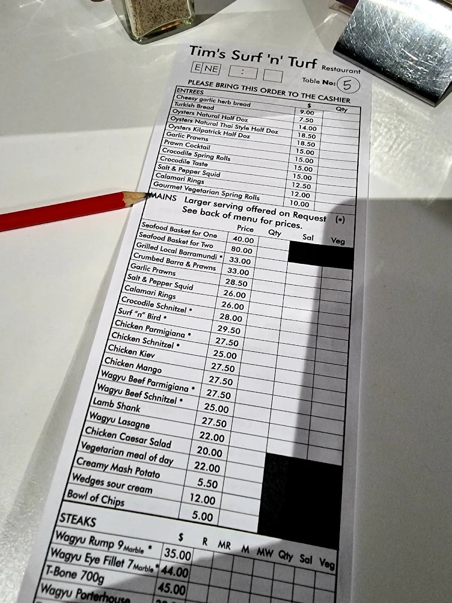 Menu, Tim's Surf & Turf