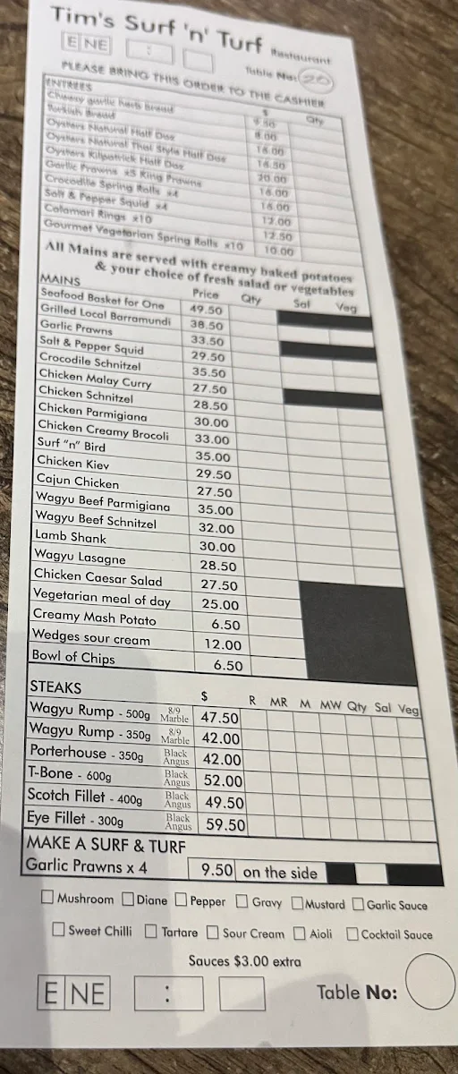 Menu, Tim's Surf & Turf