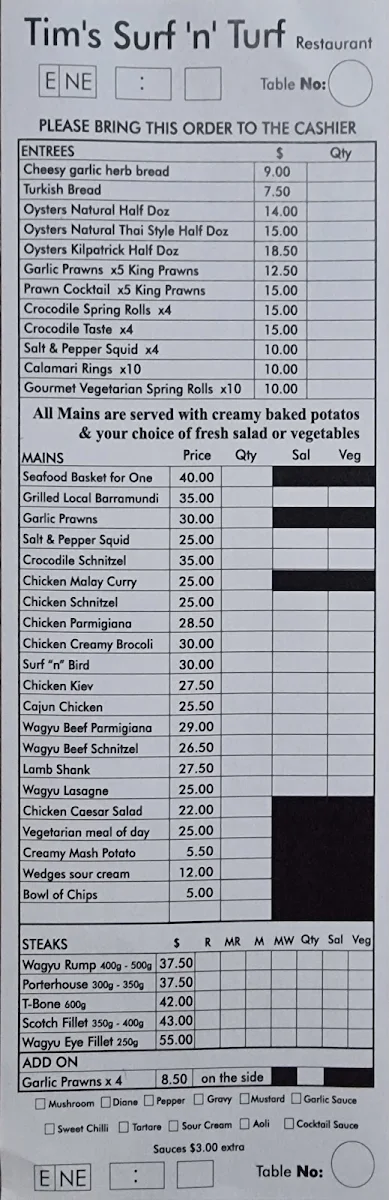 Menu, Tim's Surf & Turf