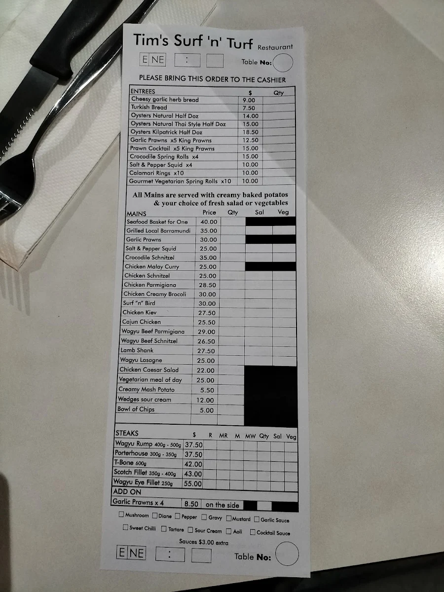 Menu, Tim's Surf & Turf