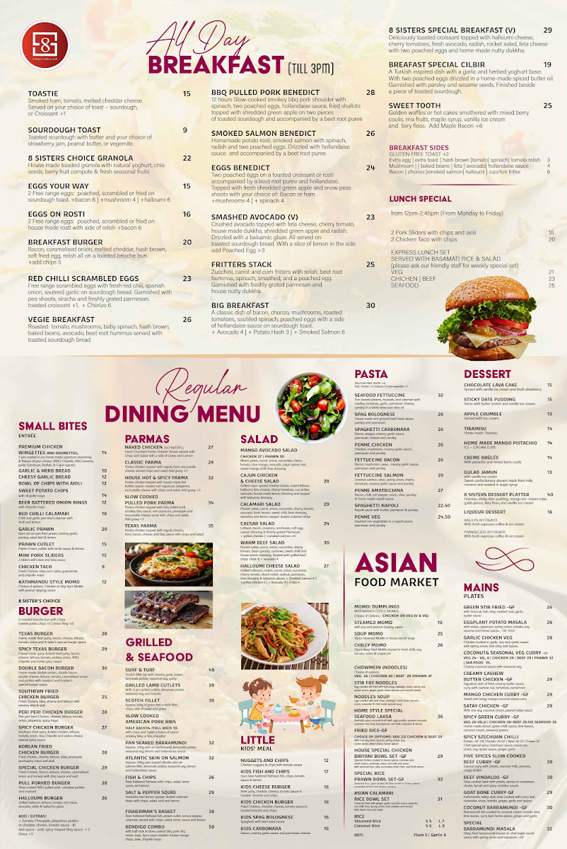 Menu, 8 Sisters Cafe and Grill