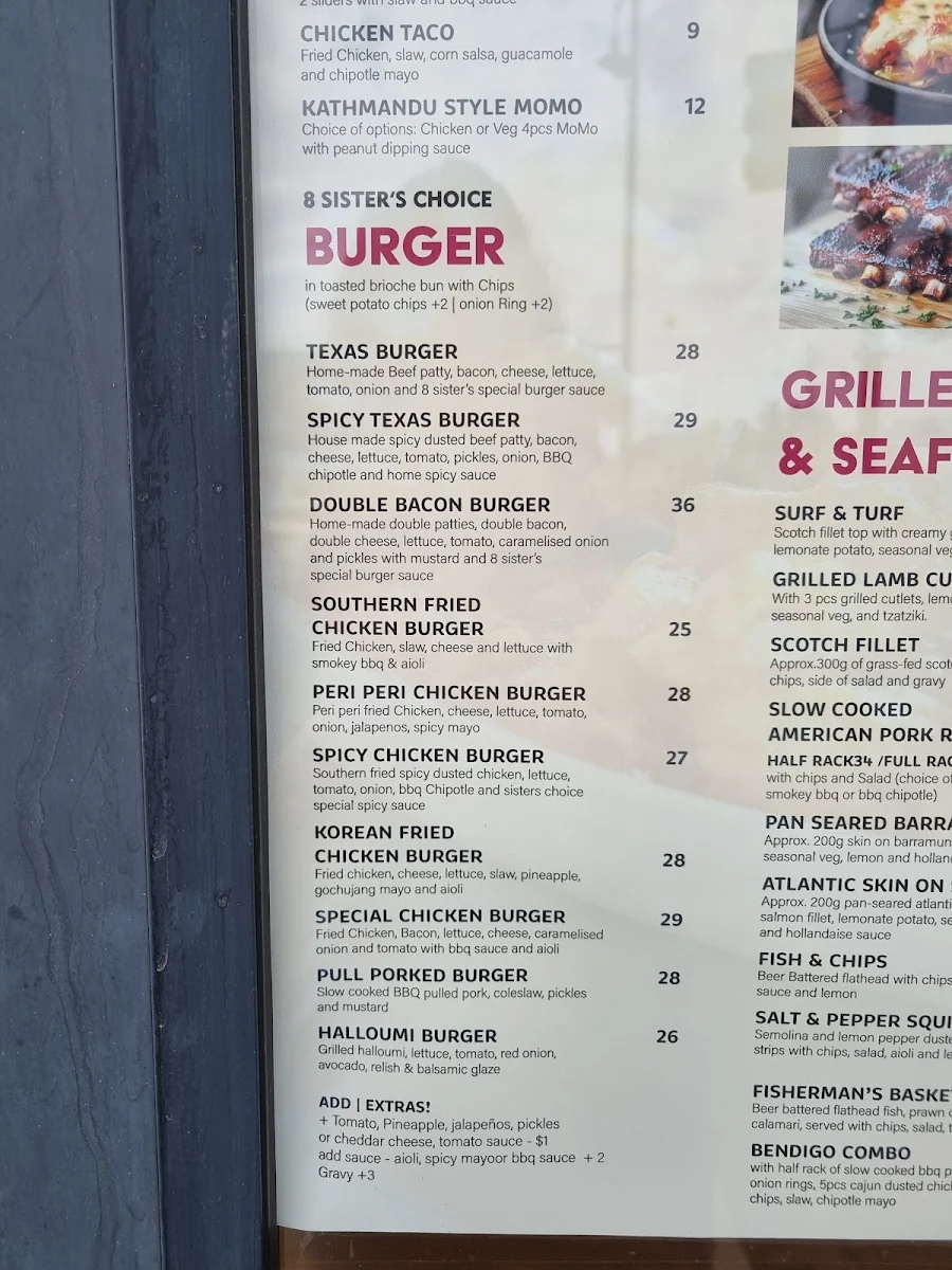 Menu, 8 Sisters Cafe and Grill