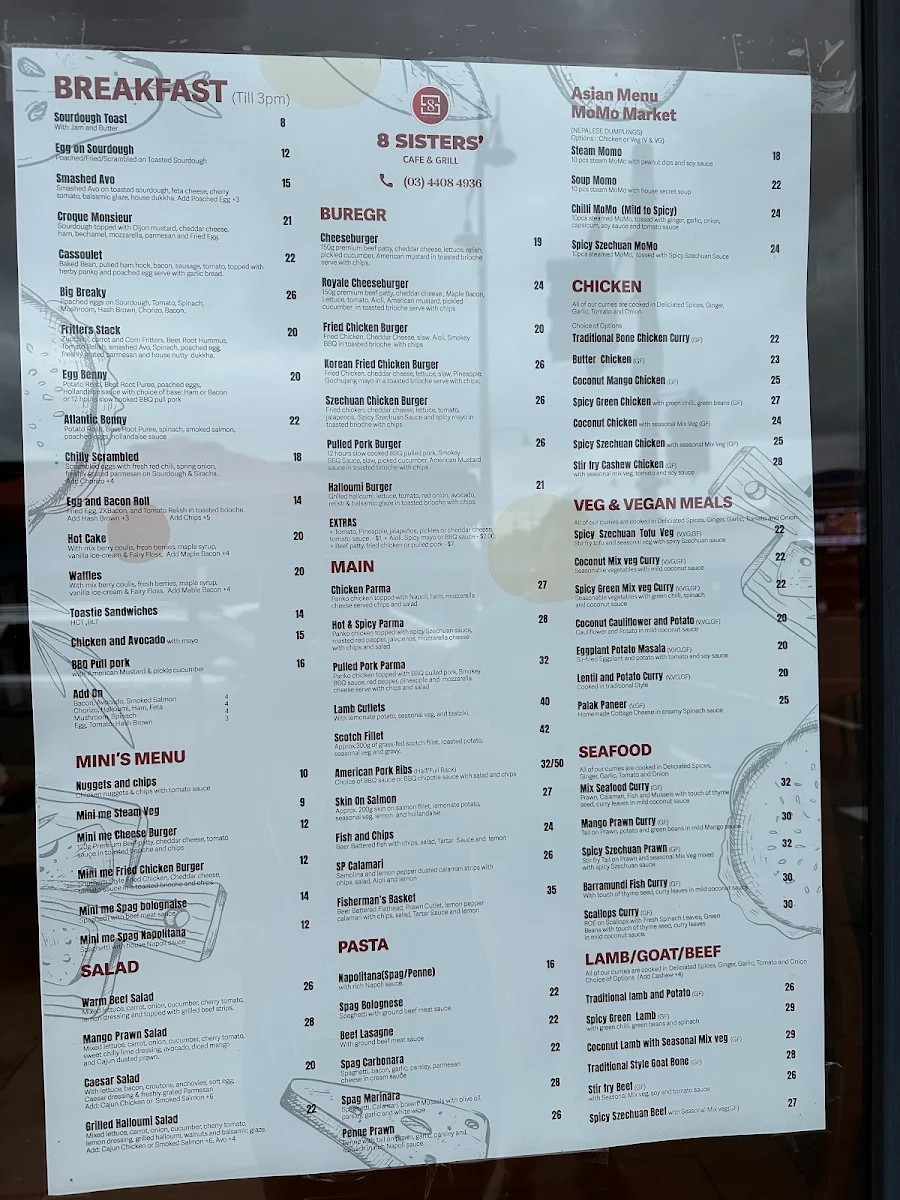 Menu, 8 Sisters Cafe and Grill