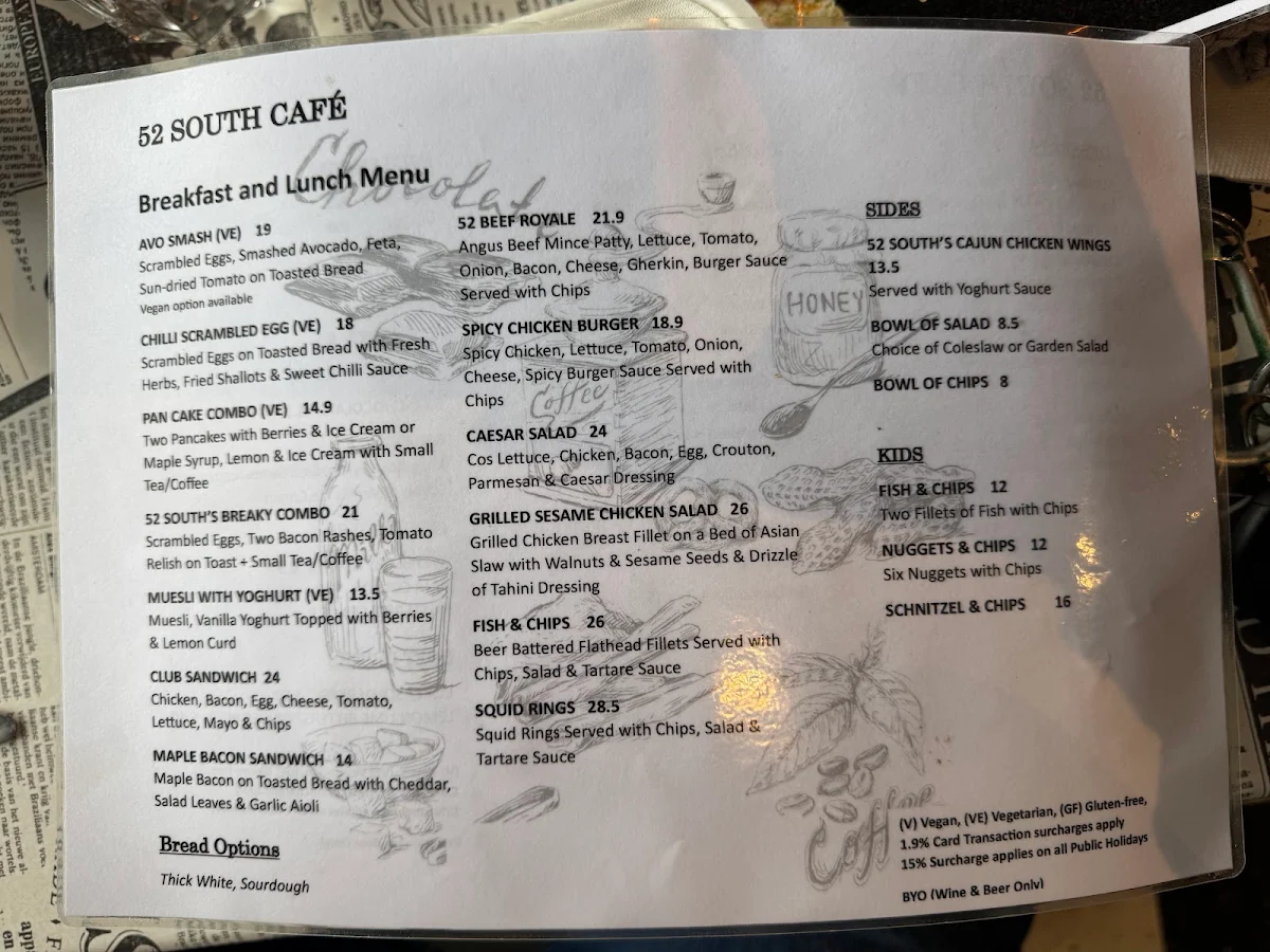 Menu, 52 South Cafe & Restaurant