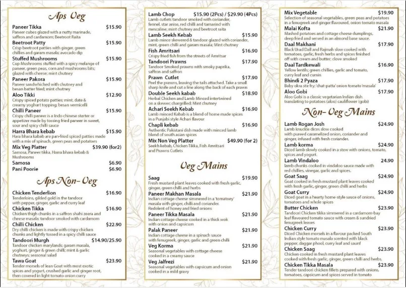 Menu, Billu's Bella Vista