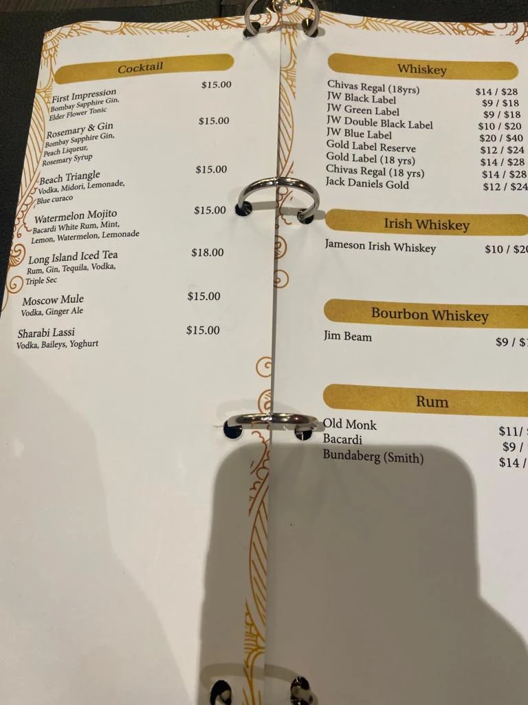 Menu, Billu's Bella Vista