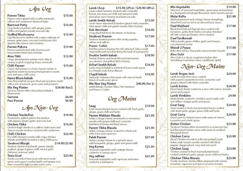 Menu, Billu's Bella Vista