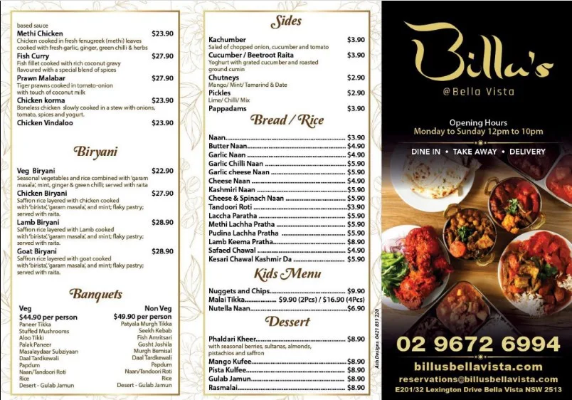 Menu, Billu's Bella Vista