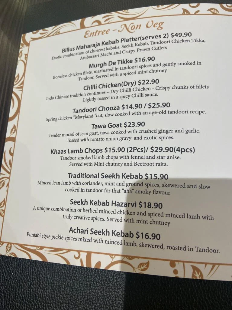 Menu, Billu's Bella Vista