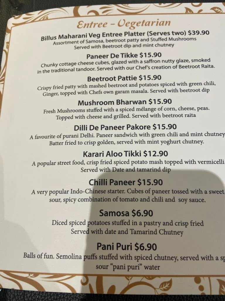 Menu, Billu's Bella Vista