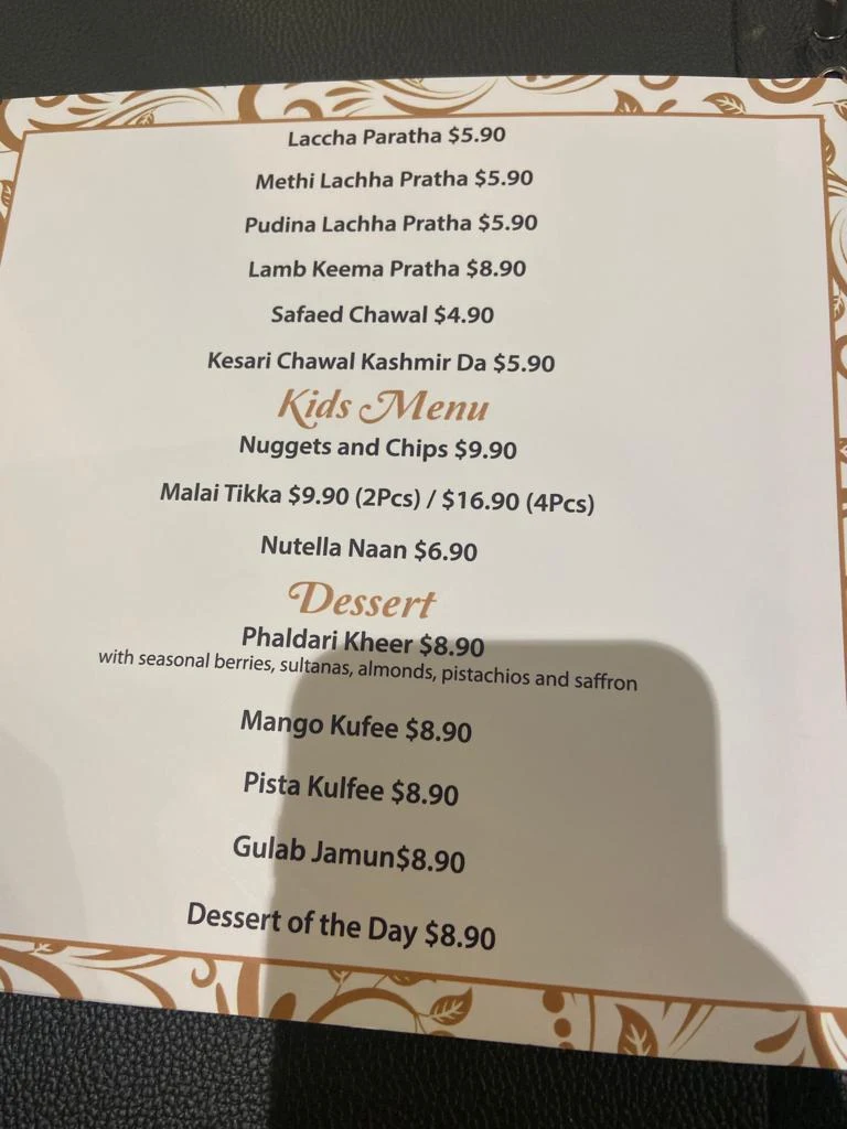 Menu, Billu's Bella Vista