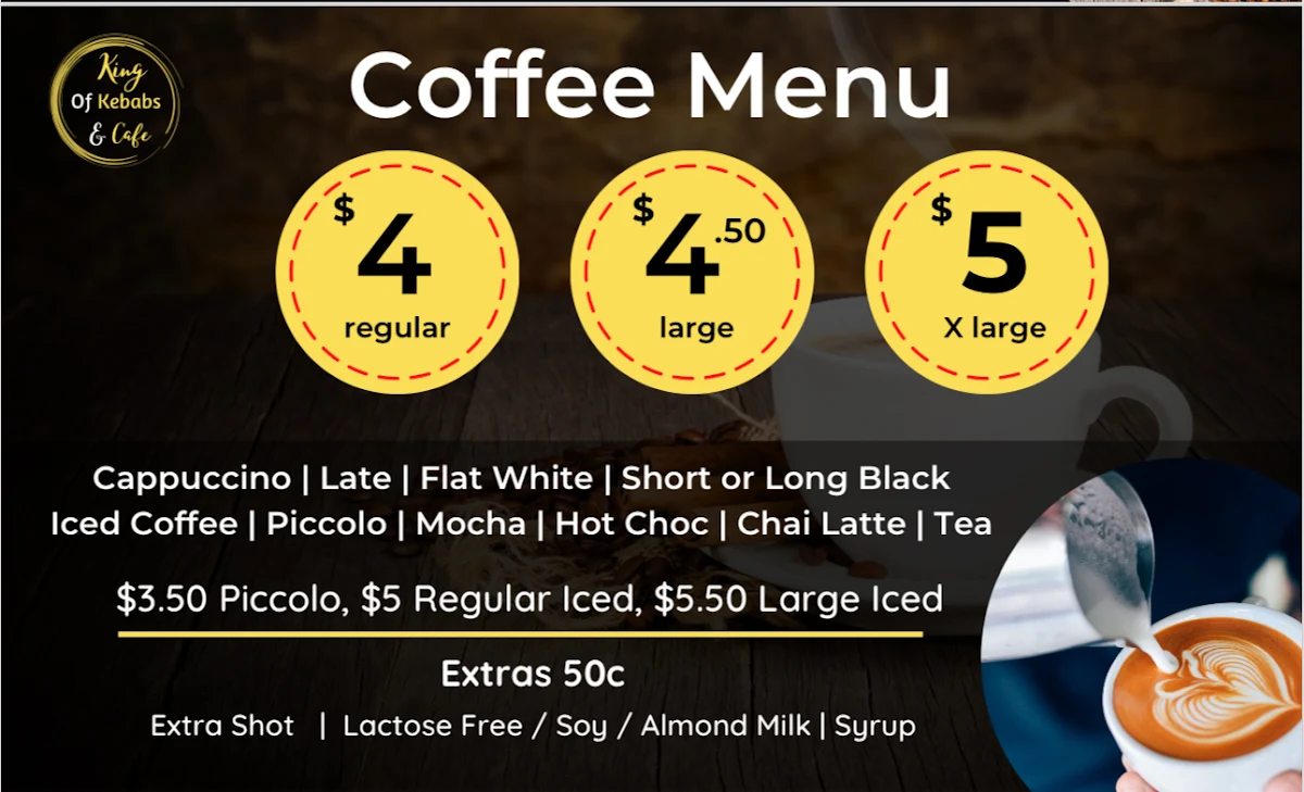 Menu, King of Kebabs & Cafe