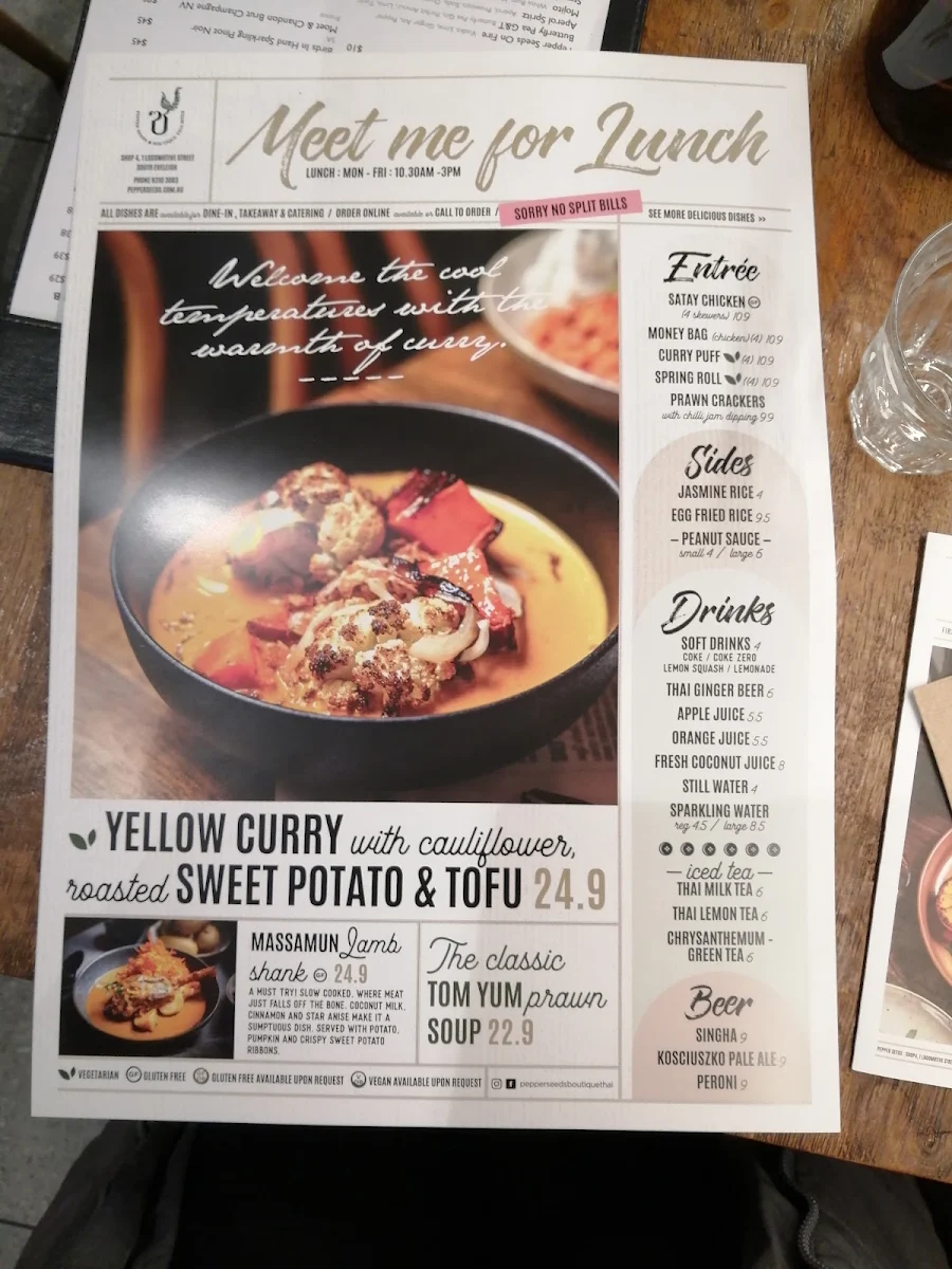 Menu, Pepper Seeds South Eveleigh