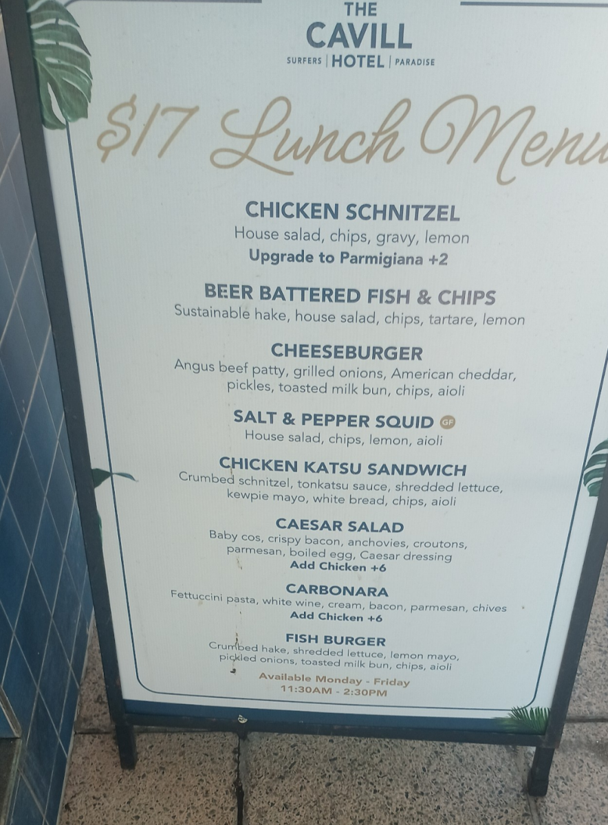 Menu, The Cavill Hotel