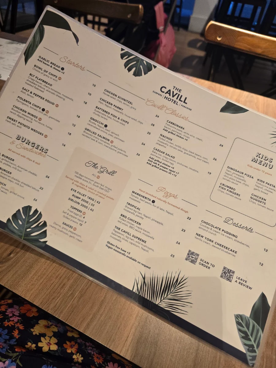 Menu, The Cavill Hotel