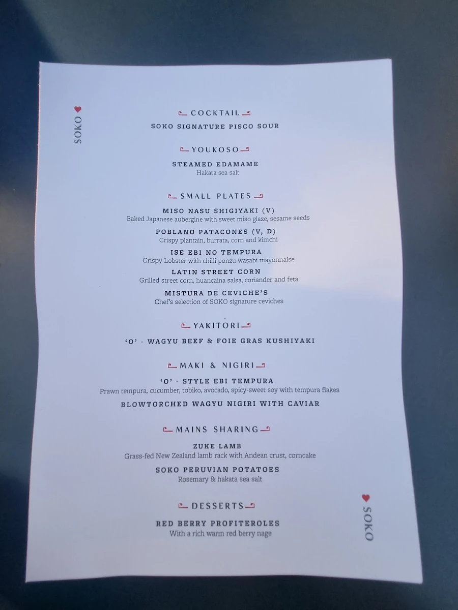 Menu, SOKO Rooftop Bar & Restaurant