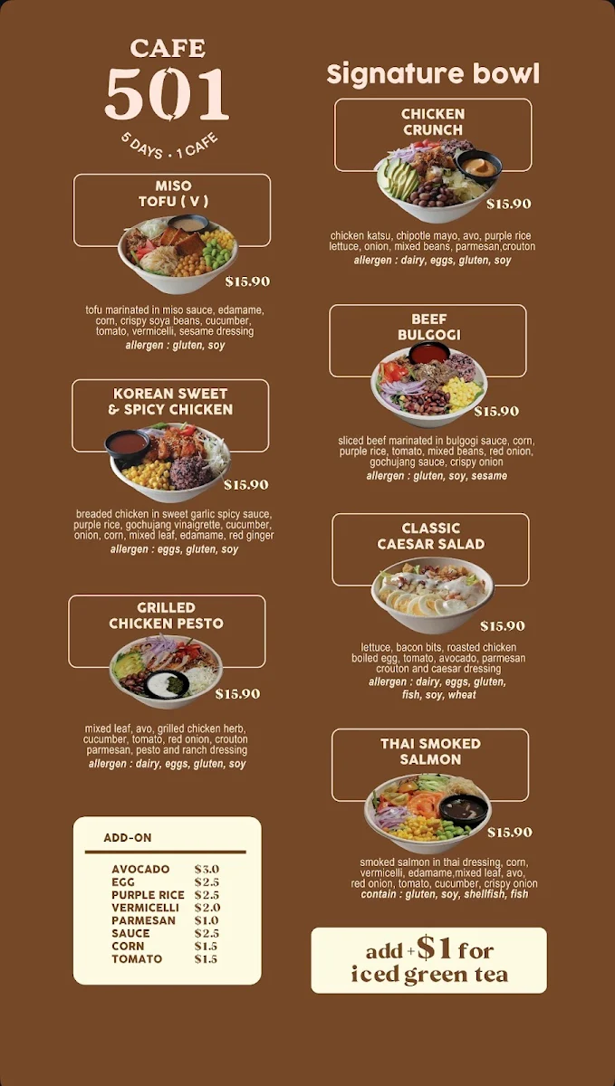 Menu, Cafe 501