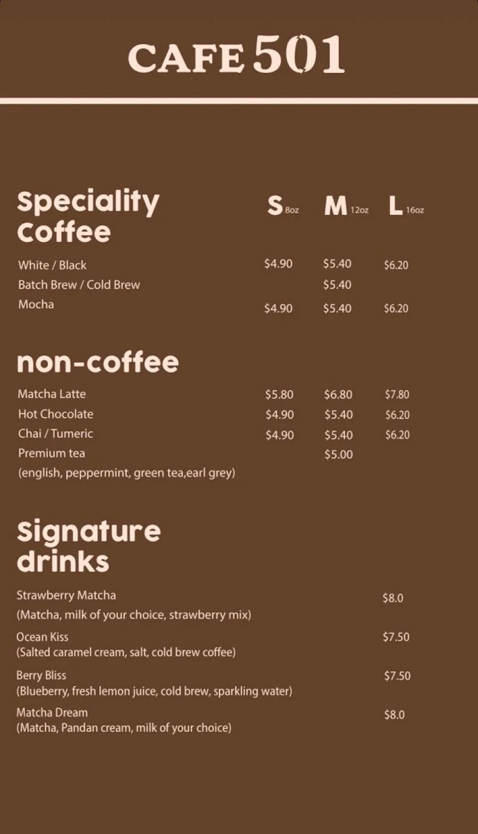 Menu, Cafe 501
