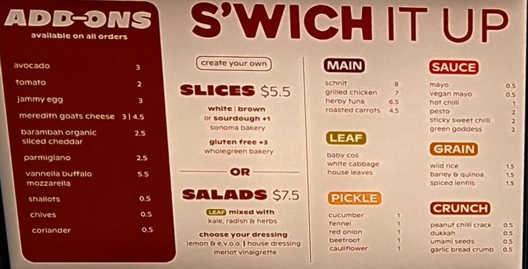 Menu, S'WICH | bondi