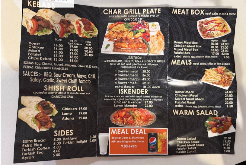 Menu, Char Grill Kebab House