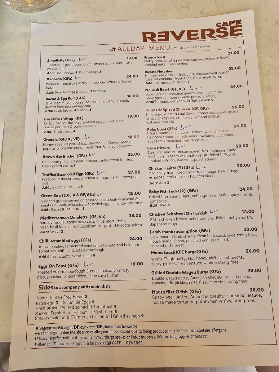 Menu, CAFE REVERSE