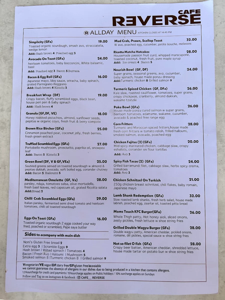 Menu, CAFE REVERSE