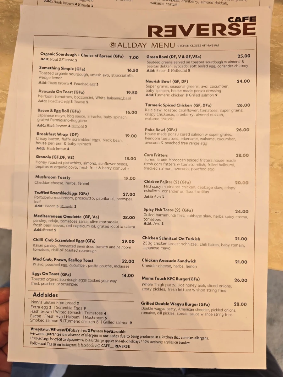 Menu, CAFE REVERSE