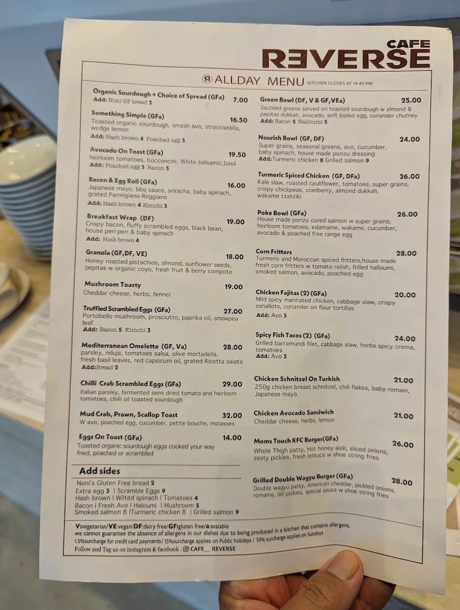 Menu, CAFE REVERSE