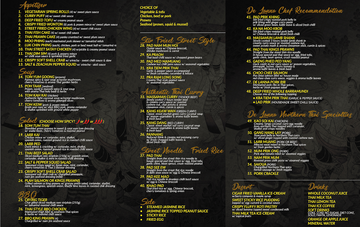Menu, De Lanna Thai Street Cuisine