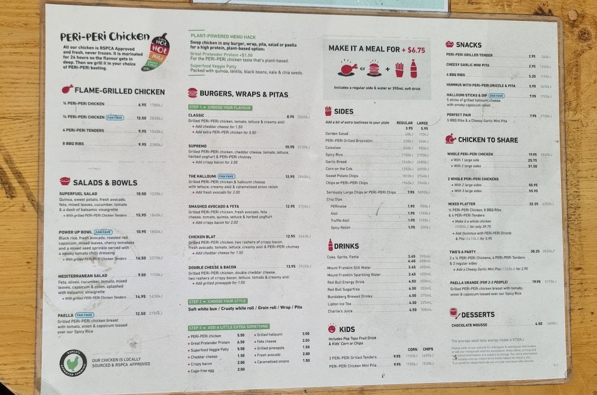 Menu, Nando's Morningside