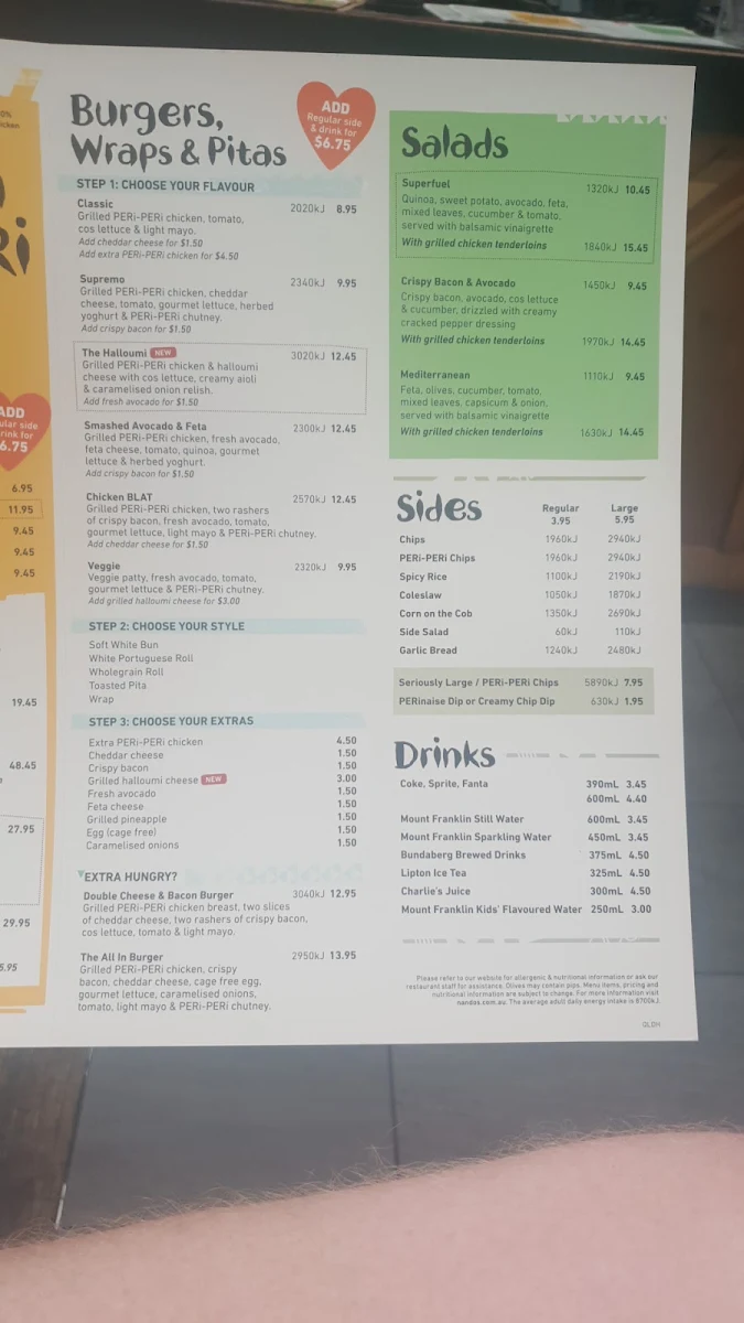 Menu, Nando's Morningside