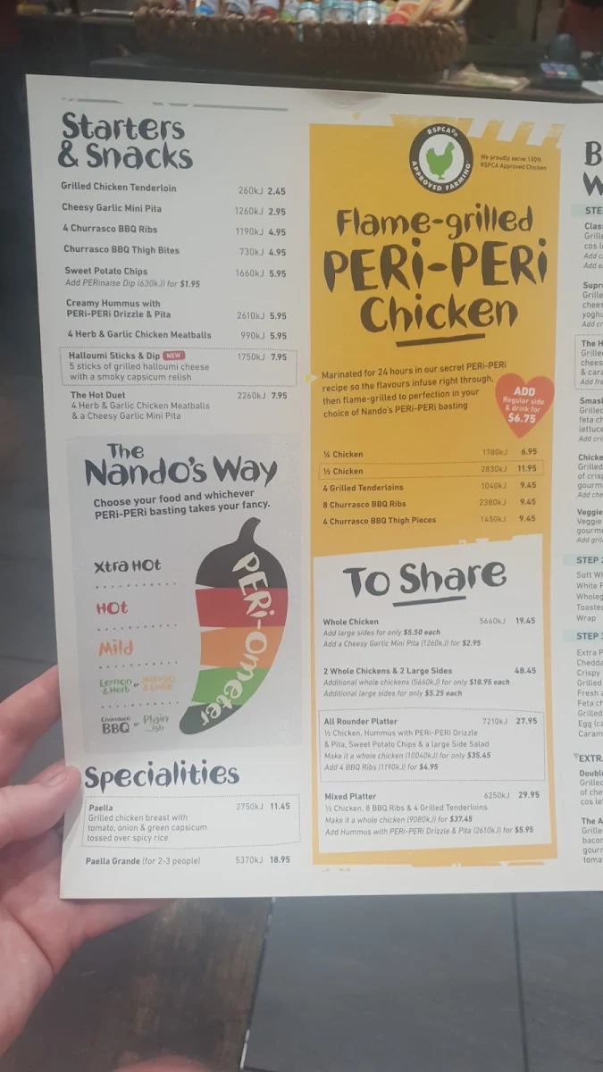 Menu, Nando's Morningside