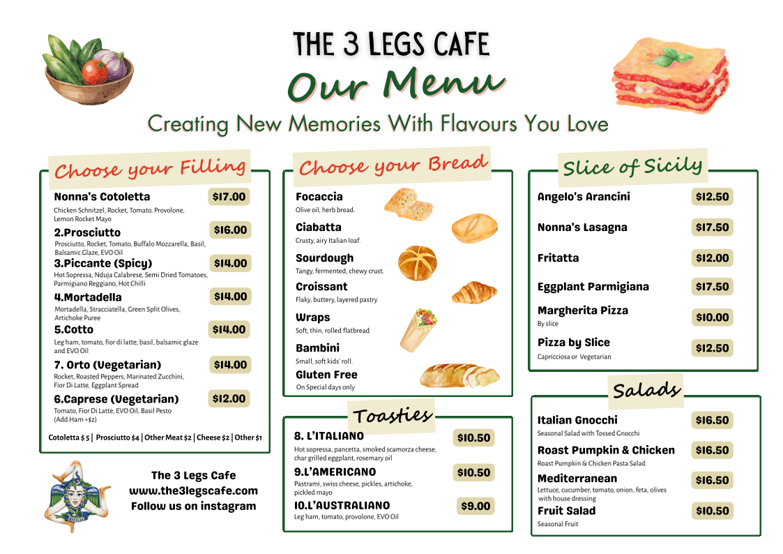 Menu, The 3 Legs Cafe