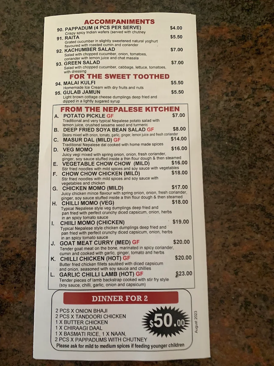 Menu, Chiraag Indian & Nepalese Restaurant