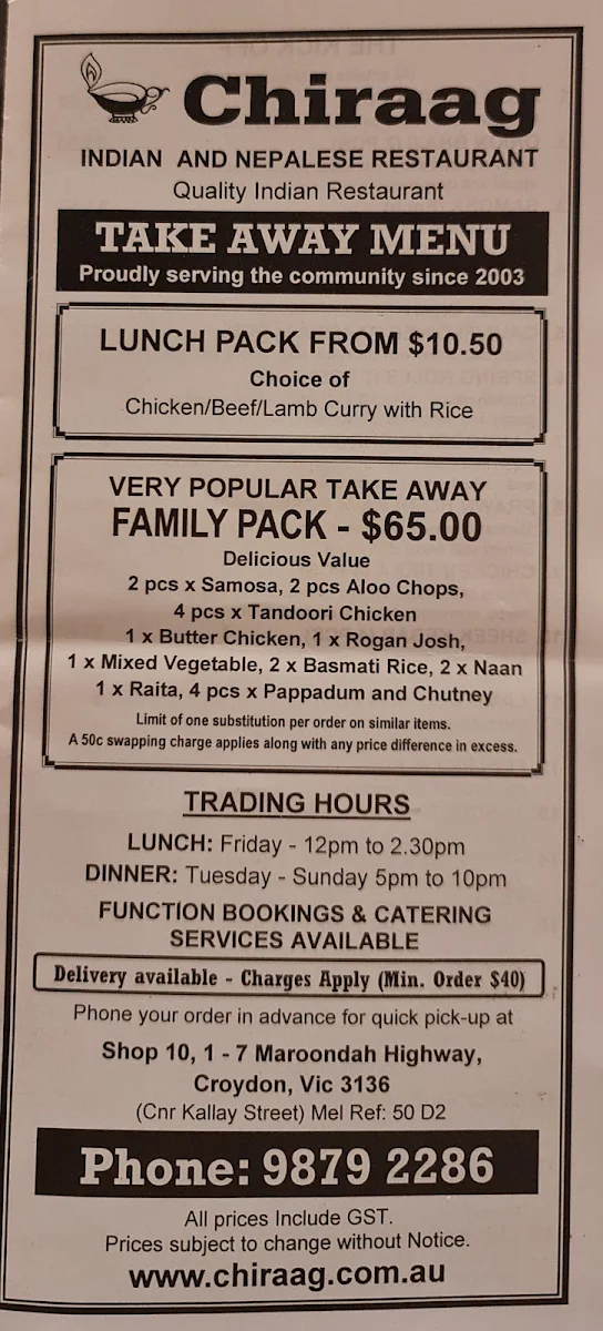 Menu, Chiraag Indian & Nepalese Restaurant