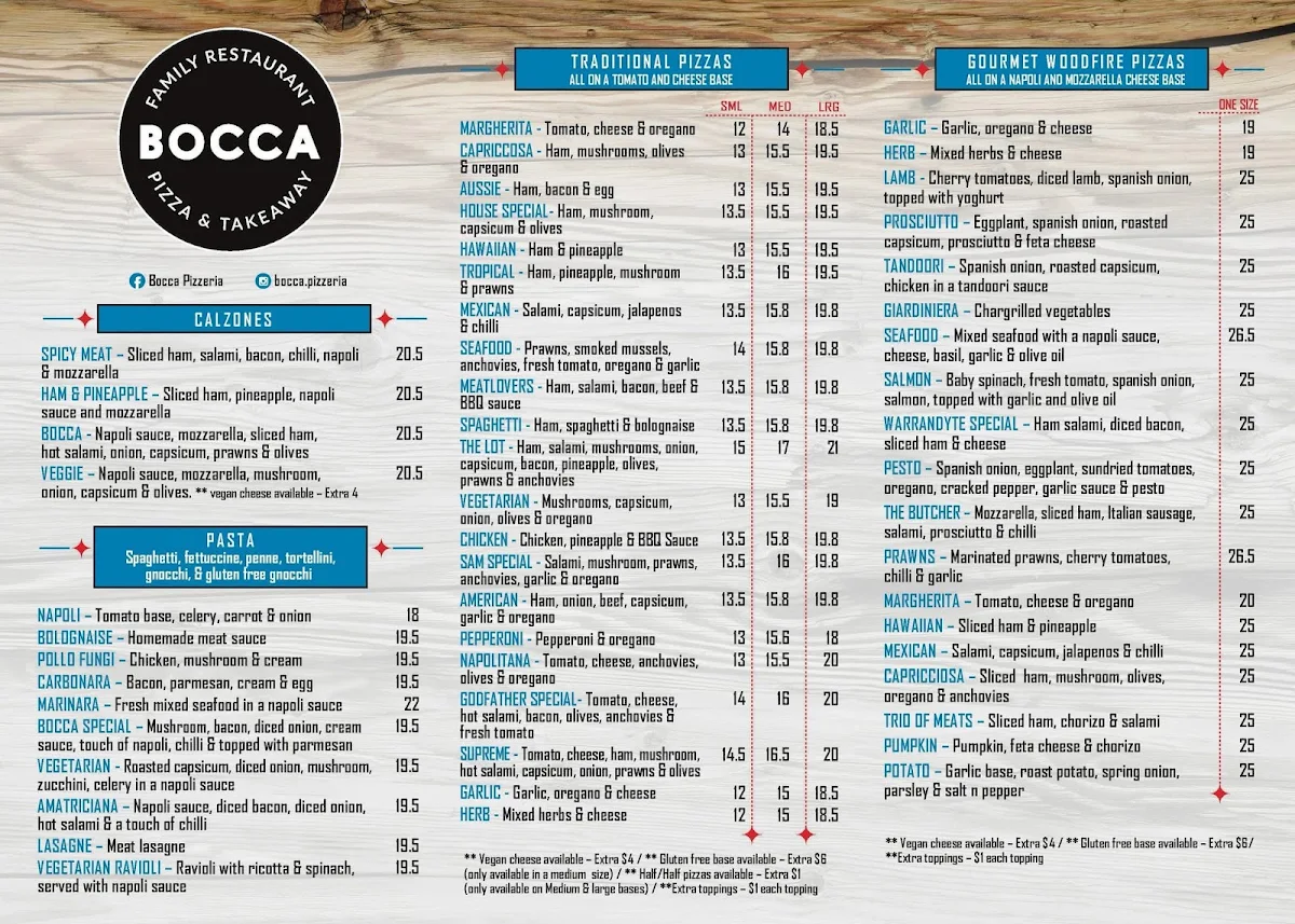 Menu, Bocca Pizzeria