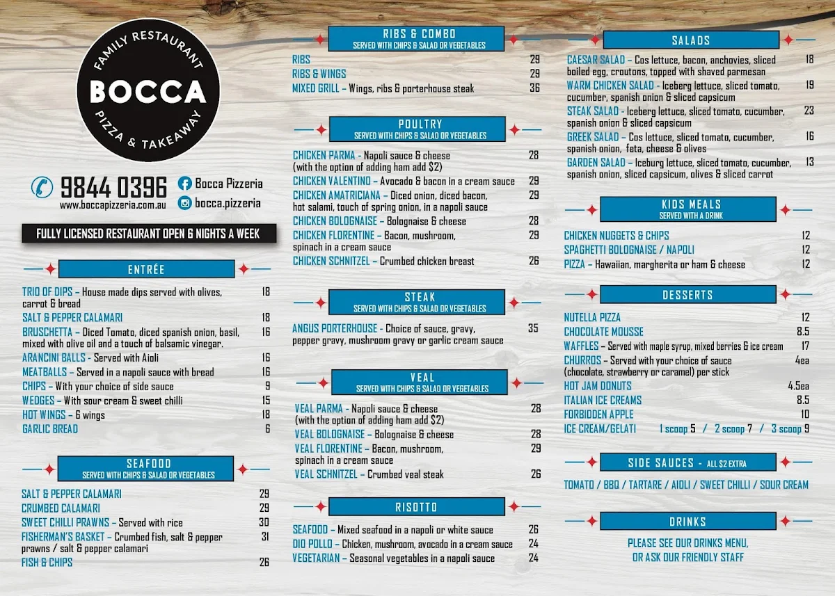 Menu, Bocca Pizzeria