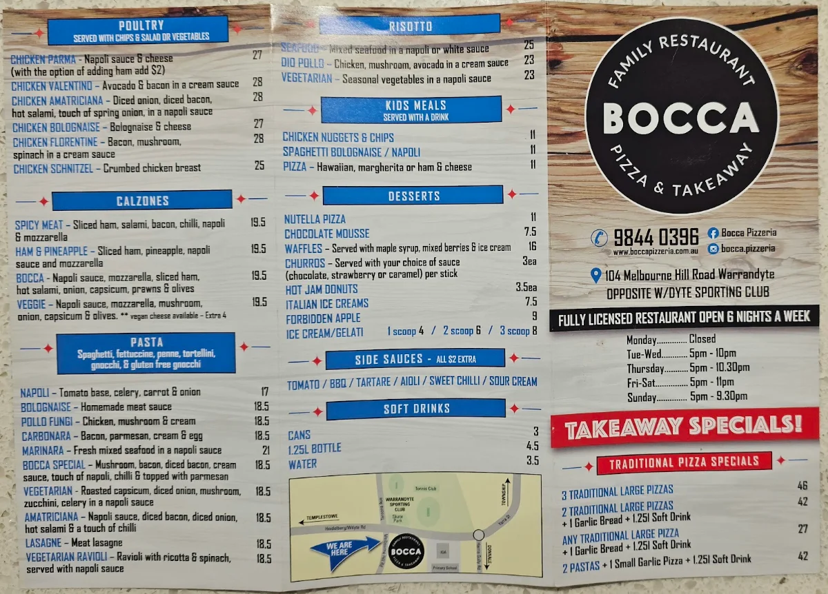 Menu, Bocca Pizzeria
