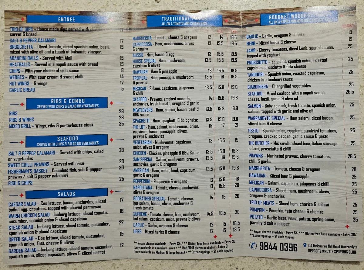 Menu, Bocca Pizzeria