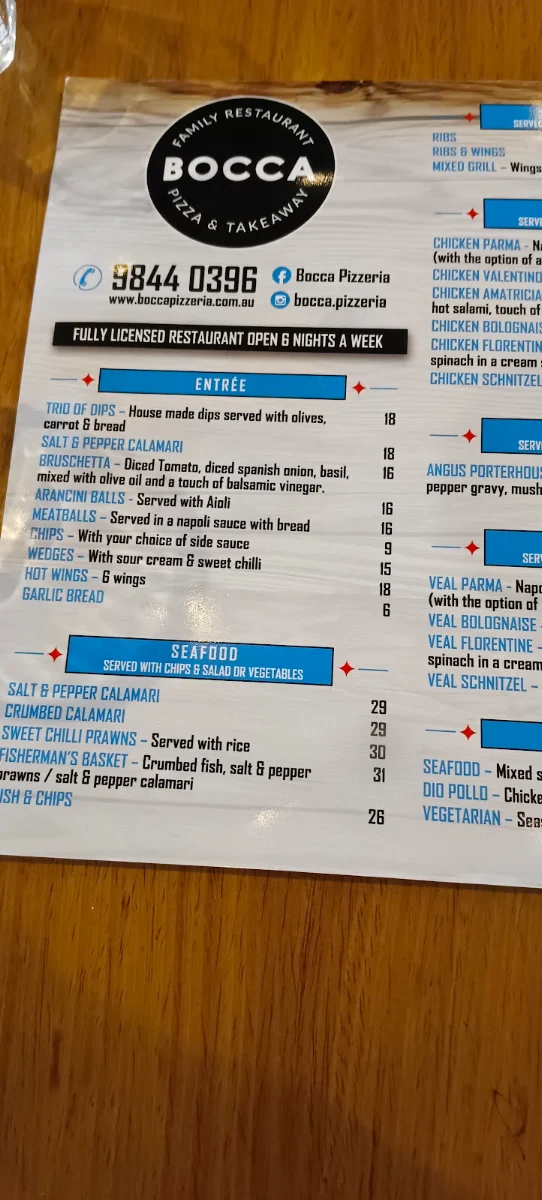 Menu, Bocca Pizzeria