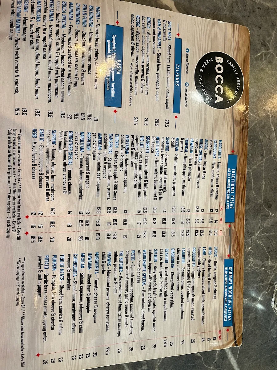Menu, Bocca Pizzeria