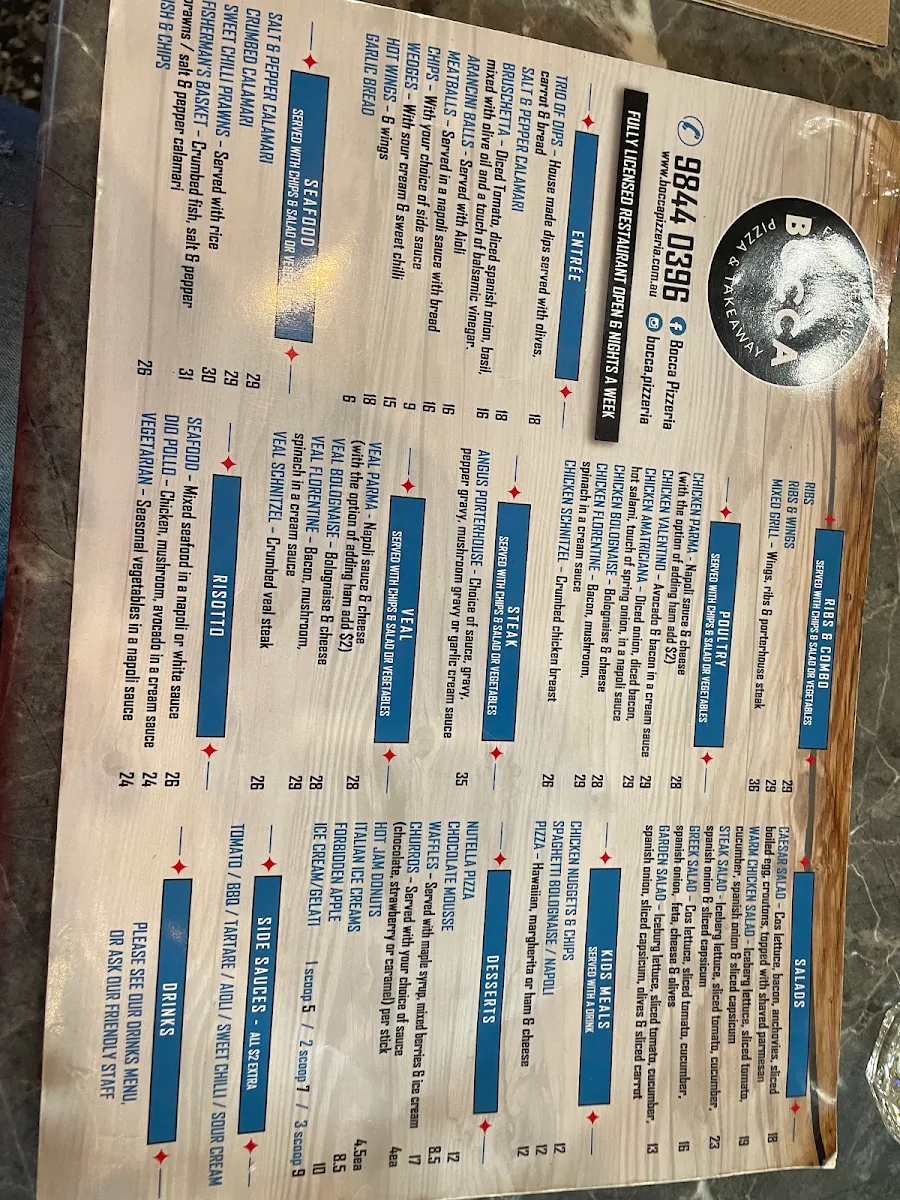 Menu, Bocca Pizzeria