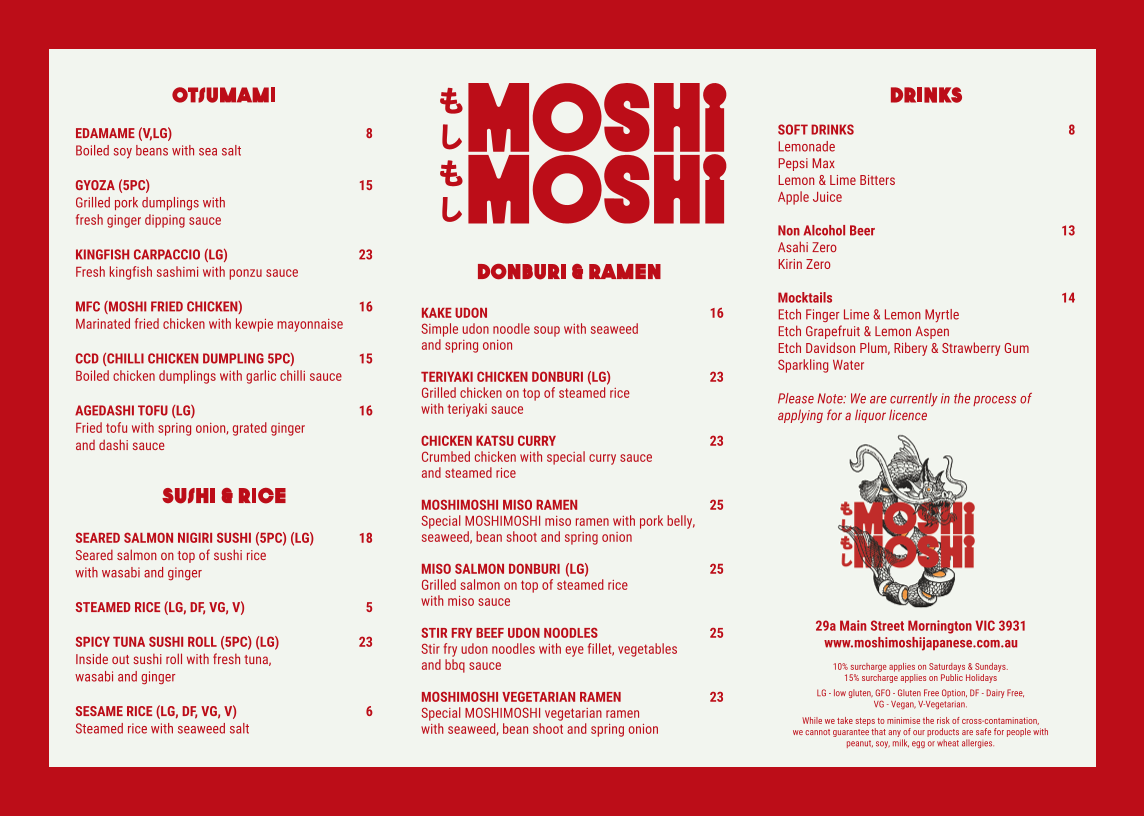 Menu, MOSHIMOSHI JAPANESE MORNINGTON