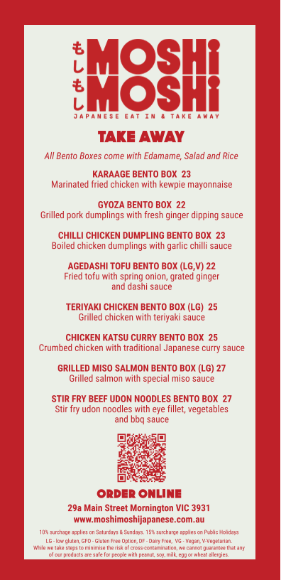Menu, MOSHIMOSHI JAPANESE MORNINGTON