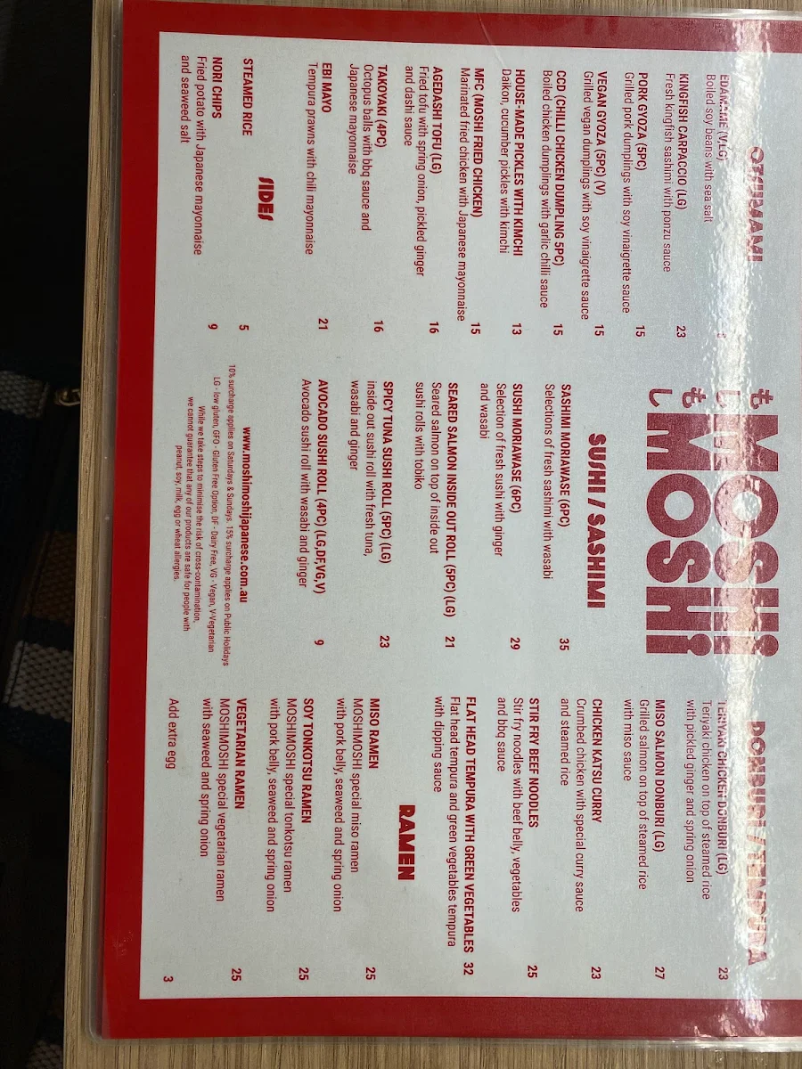 Menu, MOSHIMOSHI JAPANESE MORNINGTON