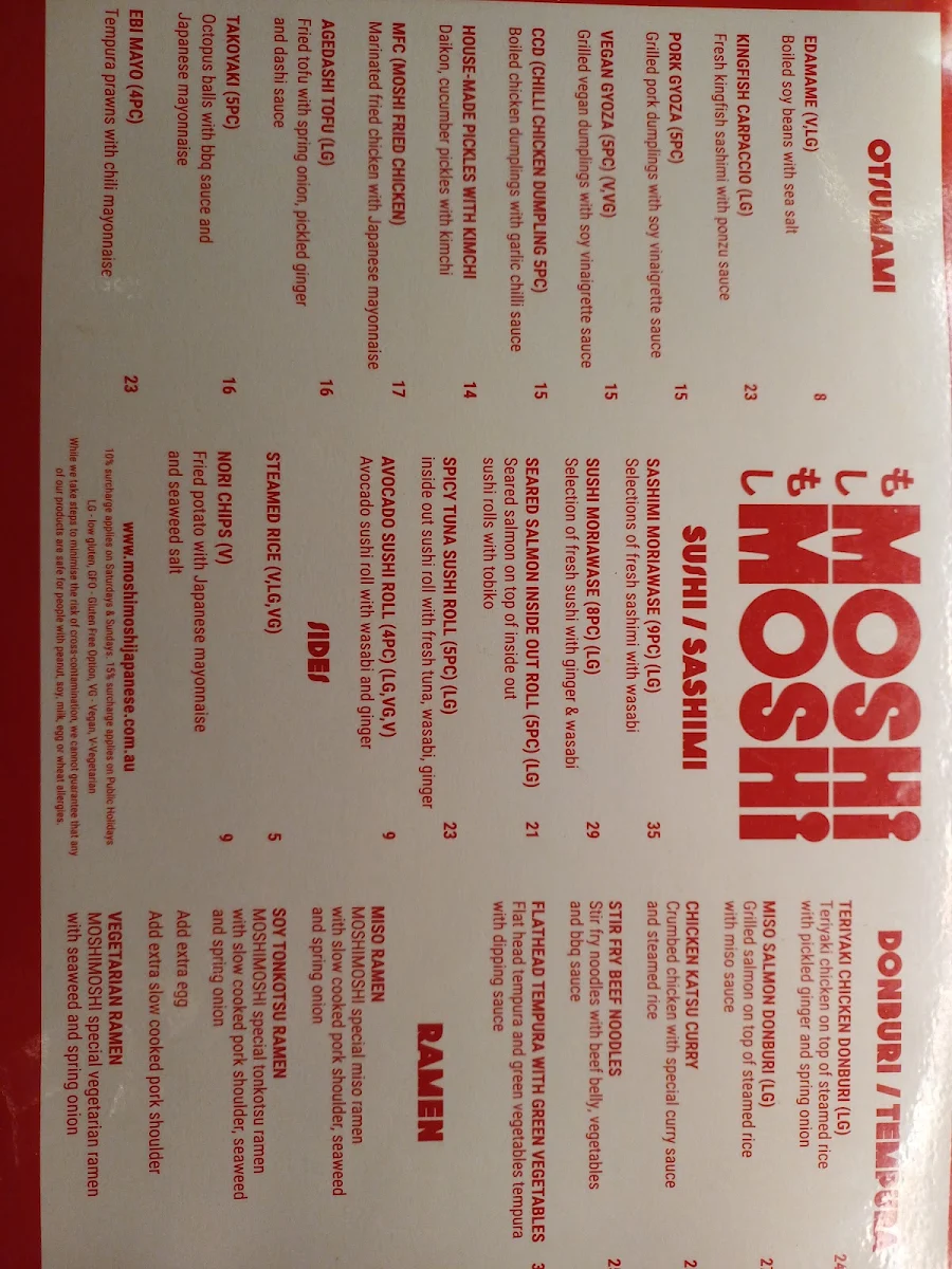 Menu, MOSHIMOSHI JAPANESE MORNINGTON