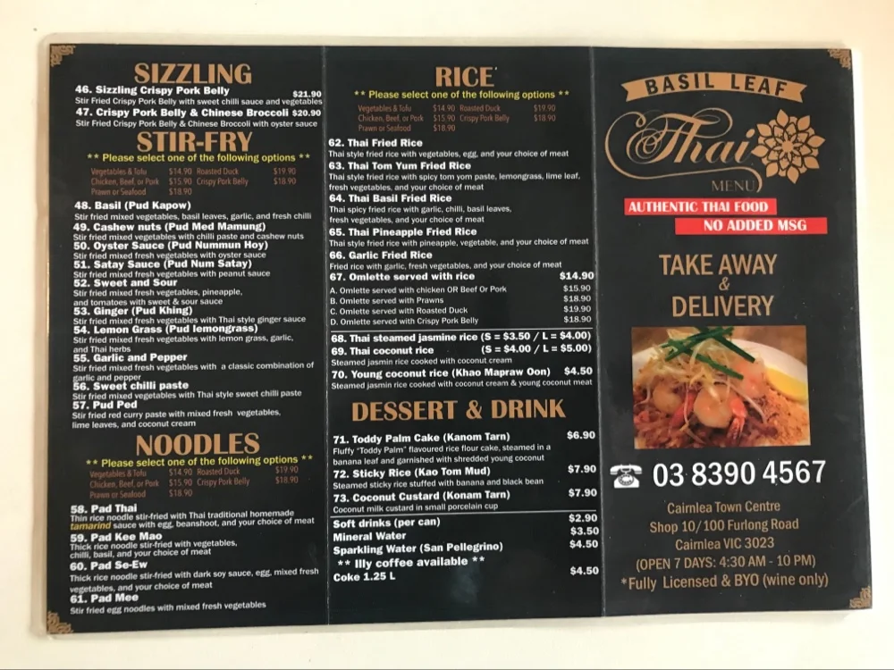 Menu, Basil Leaf Thai